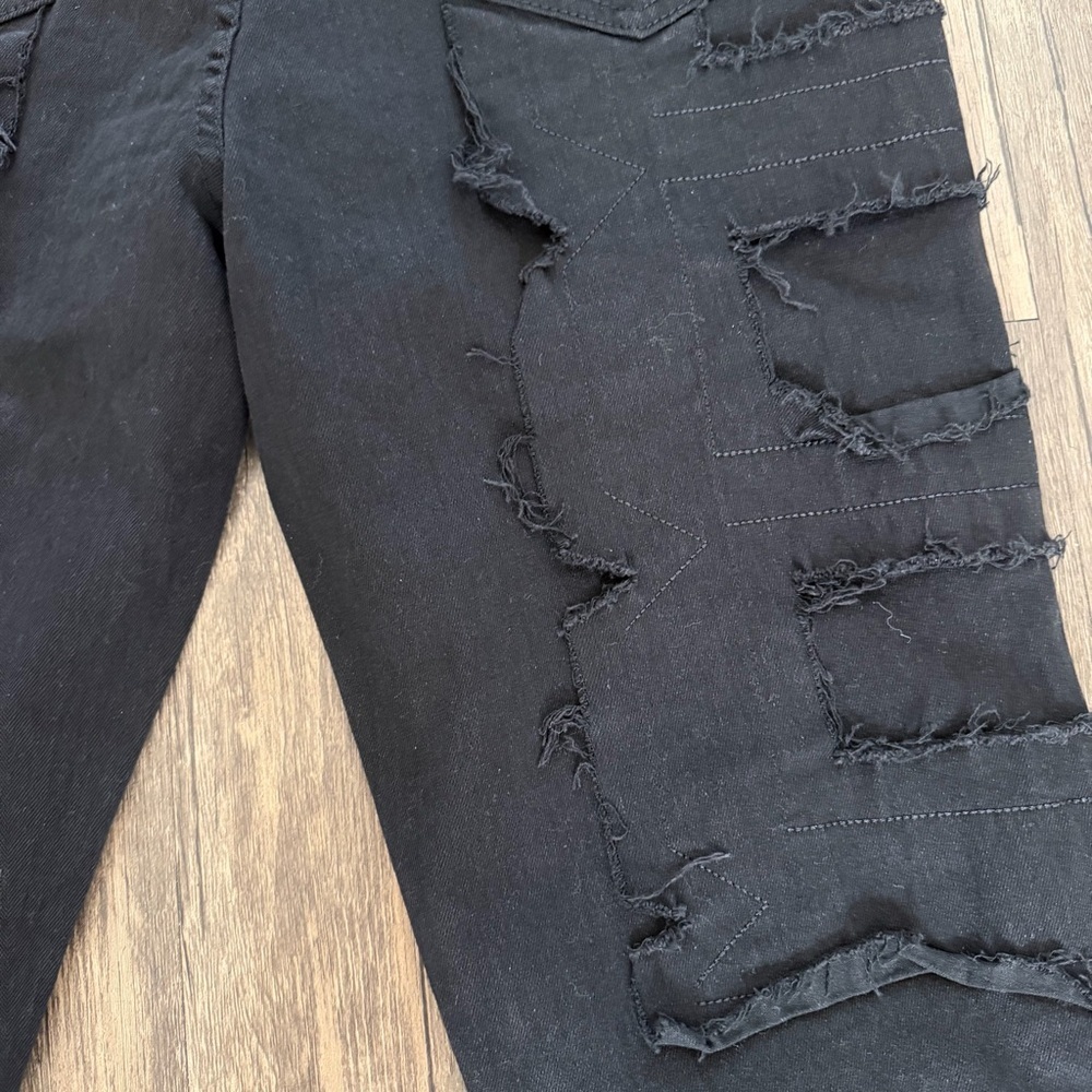 Women’s Black Denim Stacked Jeans Black Distressed Straight Leg Mid Rise Y2K M - Picture 4 of 17